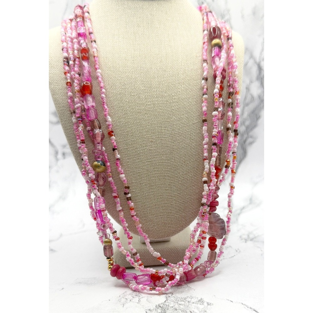 Pink 5 Strand Beaded Necklace Glass Beads Gold Bubblegum Barbiecore 30" - Picture 2 of 8